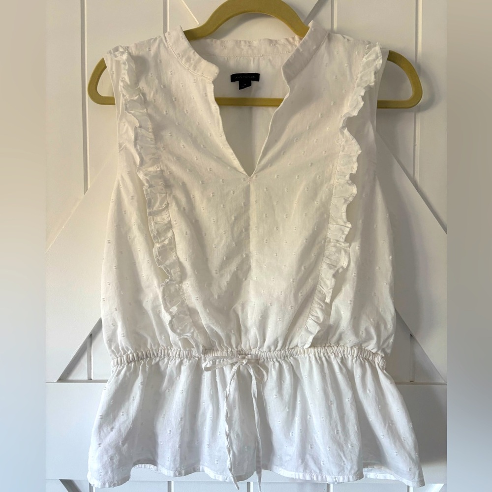 Ann Taylor White Sleeveless Ruffle Top